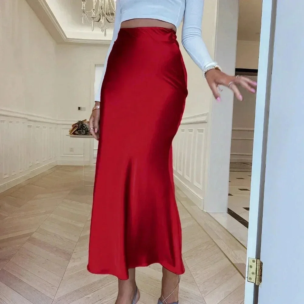 Red Party Women's High Street Style Slim Fit Long Skirt